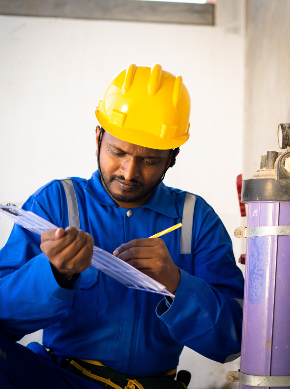 A man wearing a hard hat, standing confidently at a construction site.